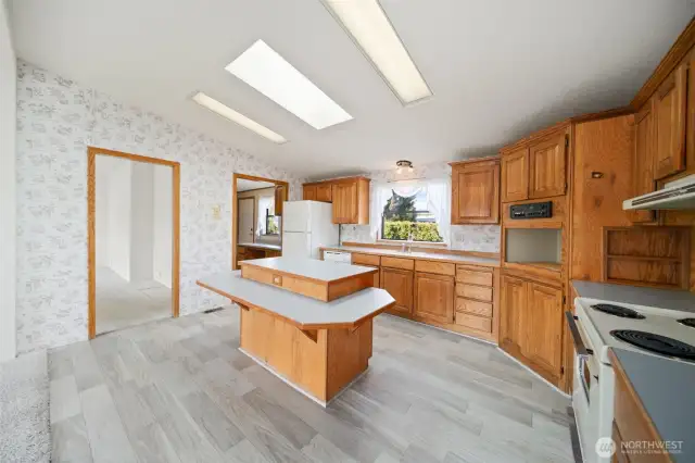 Large kitchen with center eating island.