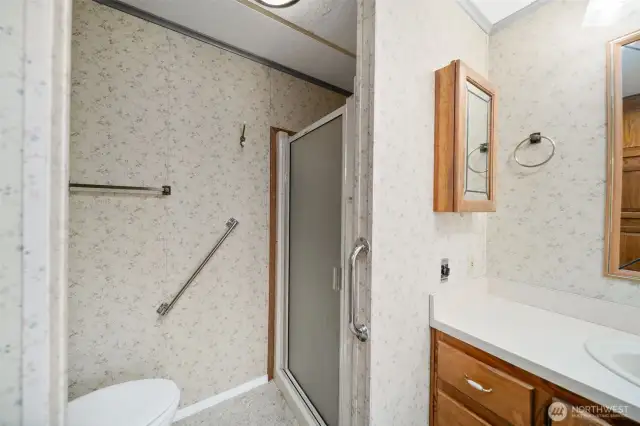 Walk-in shower in primary bathroom.