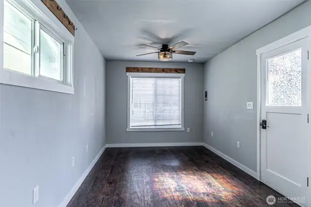 Inside finished 200 SF shed. Permitted power, laminate flooring and ceiling fan.