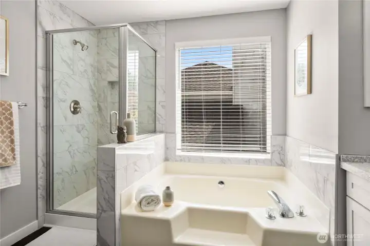 All new step in shower with tile surround and all glass door - soaking tub with tile surround.
