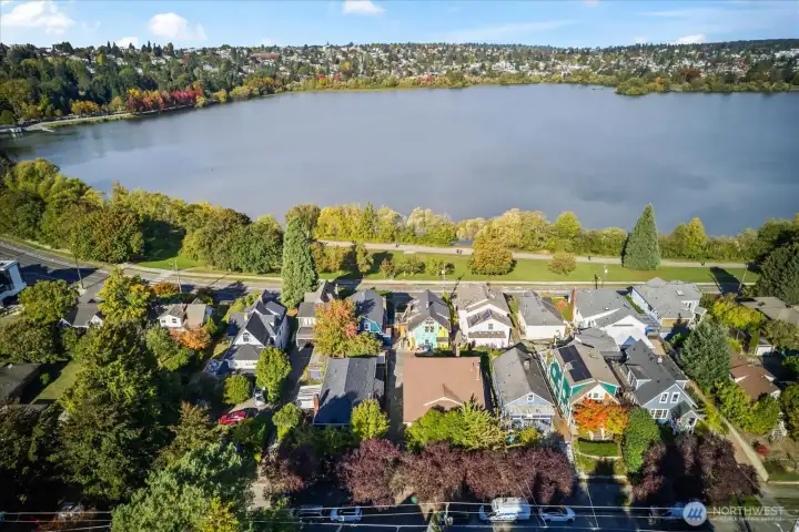 Fabulous location, near the SE edge of Green Lake. In this photo, subject property is in the center foreground with the large tan roof.
