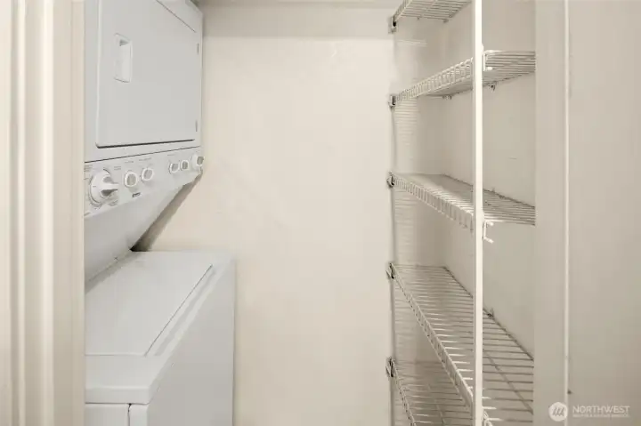 An everyday neccessity: in-unit laundry plus dedicated storage shelving to keep life organized.