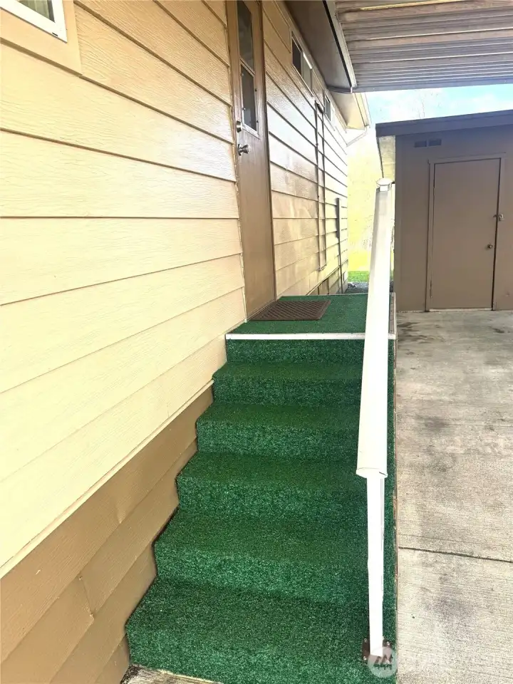 New outdoor carpet on the entry stairs from the carport.
