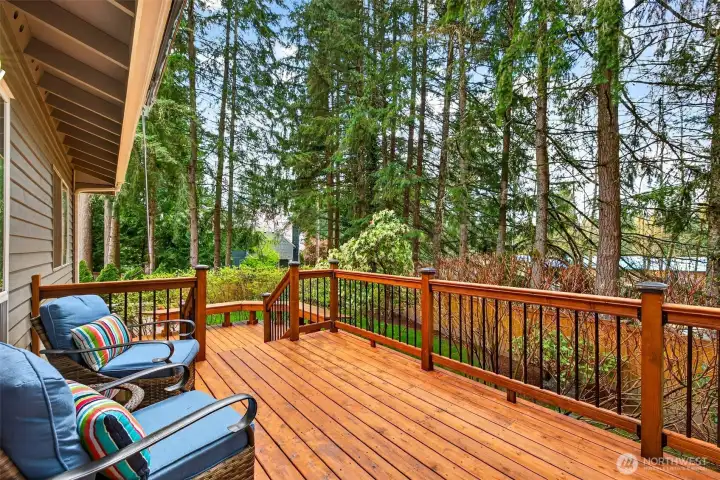The freshly stained deck is your private outdoor sanctuary — elevated among towering evergreens with a tranquil garden backdrop, it's the ideal setting for morning coffee, weekend entertaining, or simply breathing in the Pacific Northwest.