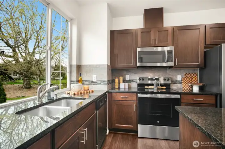 Enjoy the green space view while cleaning up.