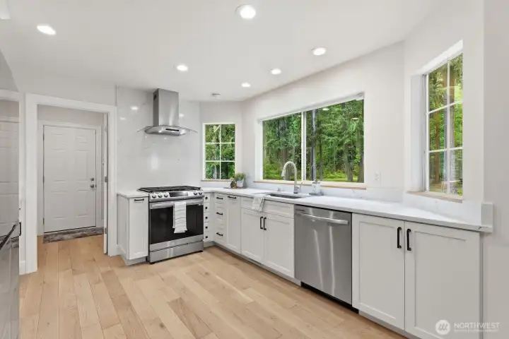 Professional stove and overhead vented hood.