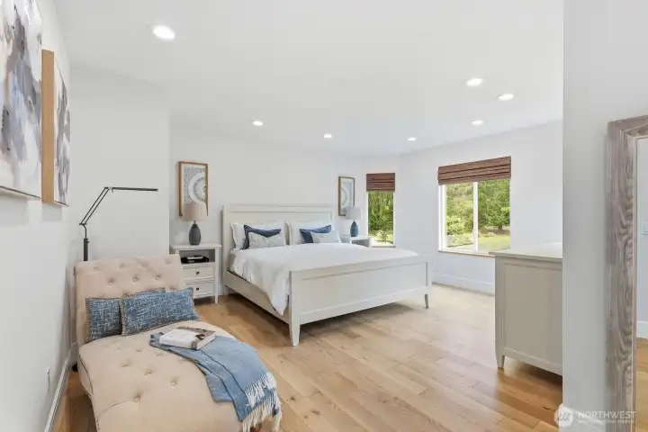 The primary suite with newly renovated ensuite bathroom.