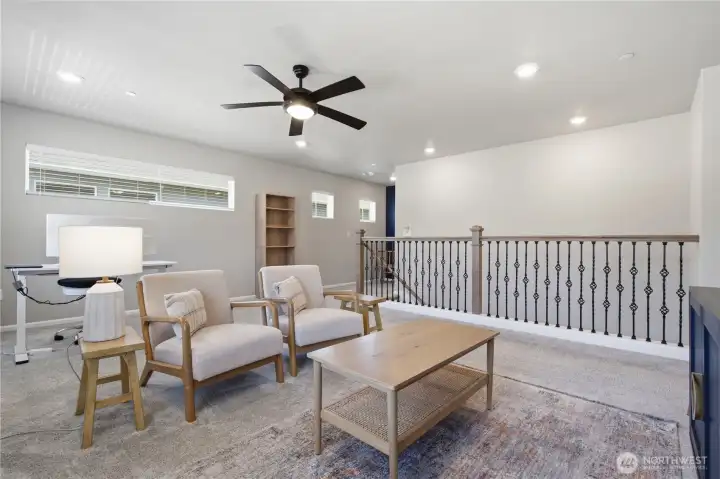 The upstairs loft is a great space for extra activities. Office space, games, hobbies. The upstairs loft is a great space for extra activities. Office space, games, hobbies.