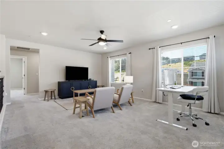 The opening leads to the hall way entrance for 3 bedrooms, bathroom and laundry room. The opening leads to the hall way entrance for 3 bedrooms, bathroom and laundry room.