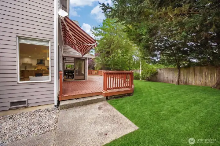 View looking back at the rear of the home, emphasizing the exceptional property boundaries, lawn space, and premium privacy from neighboring properties.
