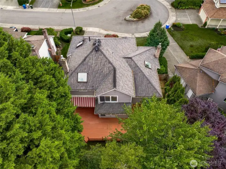 Aerial perspective highlighting the premium roof condition, private cul-de-sac placement, and the expansive nature of this gorgeous Fairwood lot.