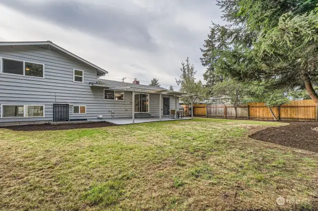 Back of house-Fully fenced backyard, refreshed landscaping