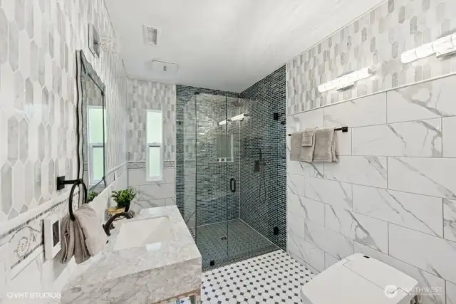 Upstairs 3/4 hall bathroom. Laundry upstairs as well.
