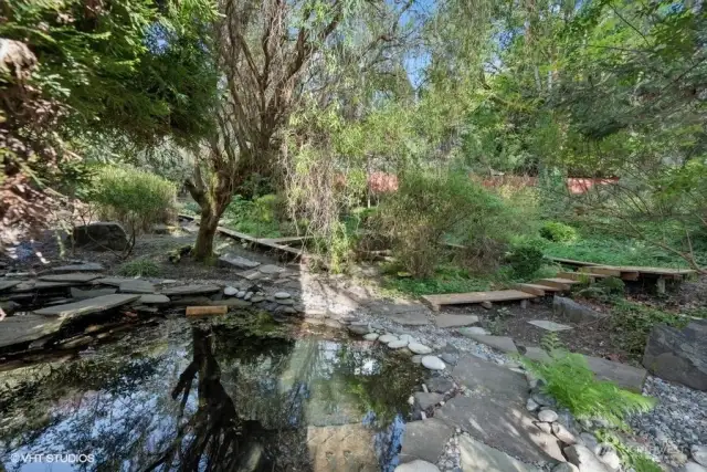 Pond, walkways.