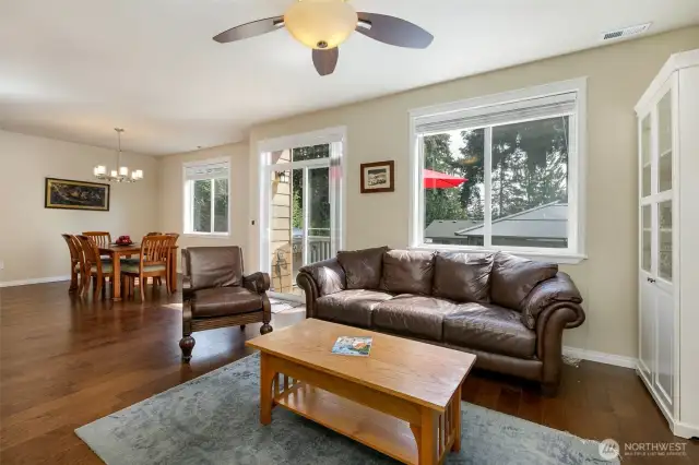 Living room, dining room and deck