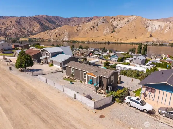 Aerial view of home overlooking the Columbia River.