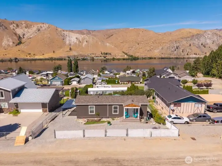 Aerial view of home and lot.