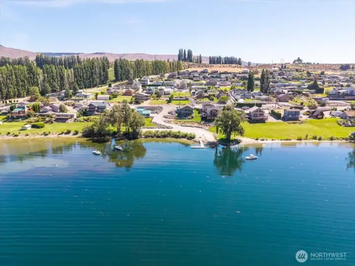 Aerial view of community waterfront.