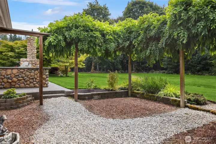 Mature landscaping abounds