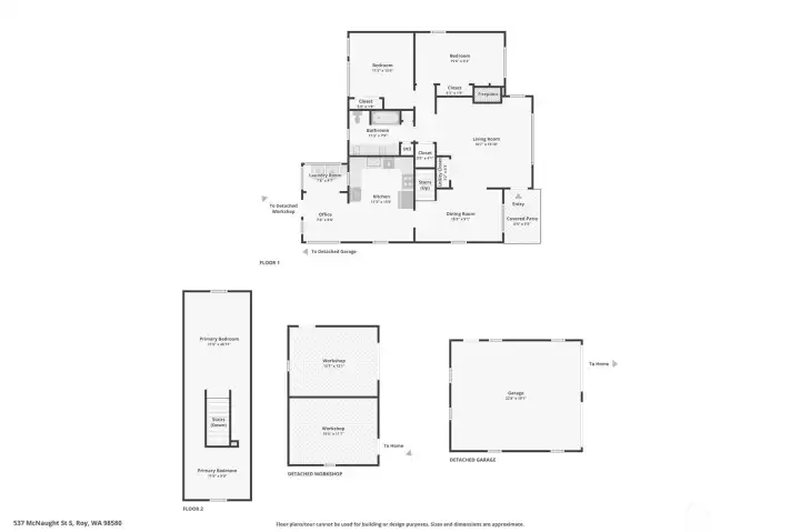 Floor plan - Floor 1, Floor 2, detached garage, workshop