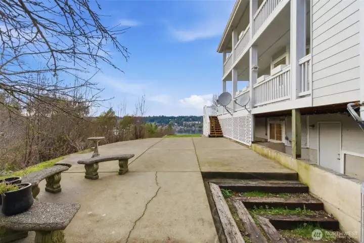 Lower level patio with fruit trees & basement entrance on the right