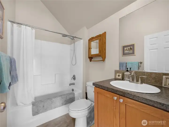 Full bathroom with vanity, wood cabinetry, and tub/shower combination.