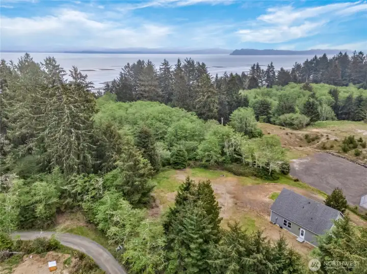 Bird’s-eye view of the property’s expansive lot, detached structure, and peaceful Ocean Park setting on the Willapa Bay.