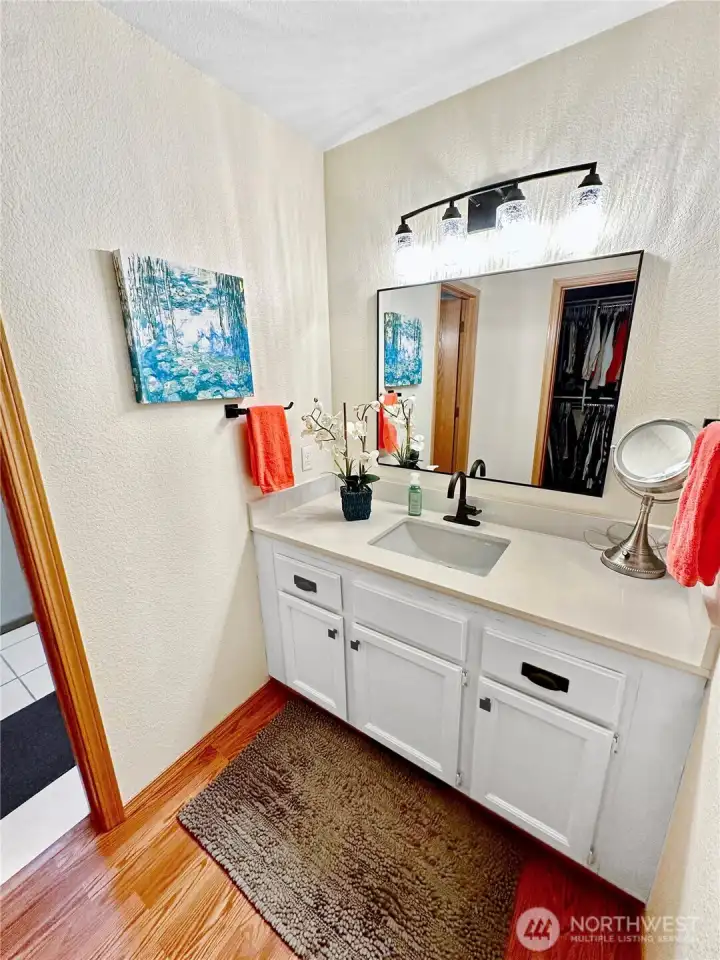 Primary 3/4 bath with new counter/sink, light fixture and towel racks. There is also a walk-in closet opposite the vanity area. Primary 3/4 bath with new counter/sink, light fixture and towel racks. There is also a walk-in closet opposite the vanity area.