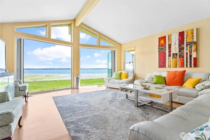 Living room view with sliding doors open Living room view with sliding doors open