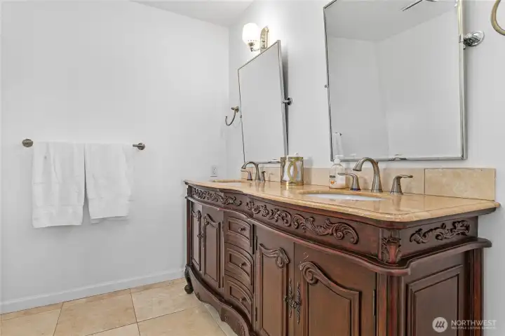Primary bathroom with double sinks Primary bathroom with double sinks