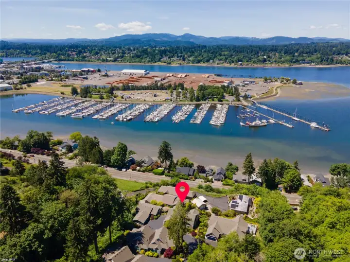 Overhead view of Swantown Mariana, Budd Bay, KGY radio station, Port of Olympia & Black Hills