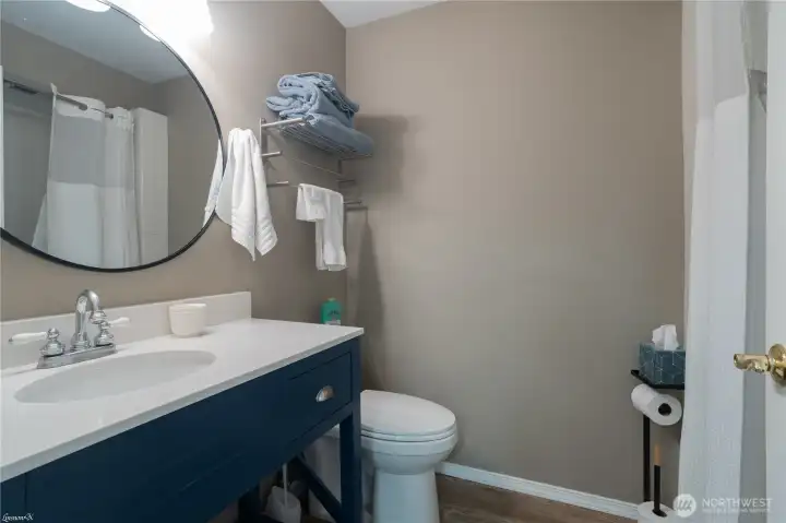 Full bathroom located on the lower level adjacent to the bedroom.