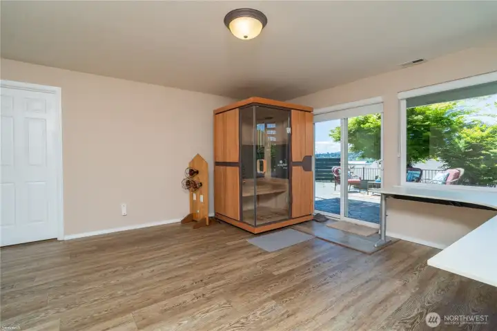 Downstairs living room, room for a sauna.  Walk out to the outdoor patio with views.