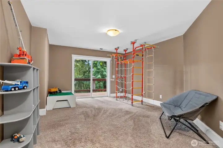 Large family room with climbing gym and access to expansive outdoor deck.