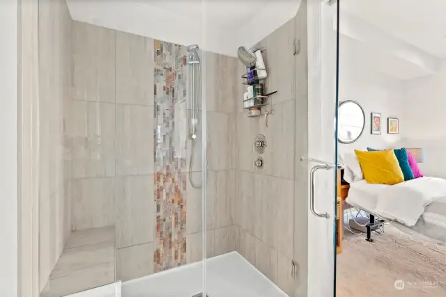 Custom tile and bench in the primary shower