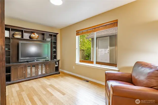 Family room from kitchen eating area.