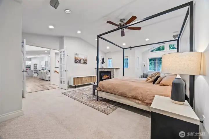French door entry and fireplace