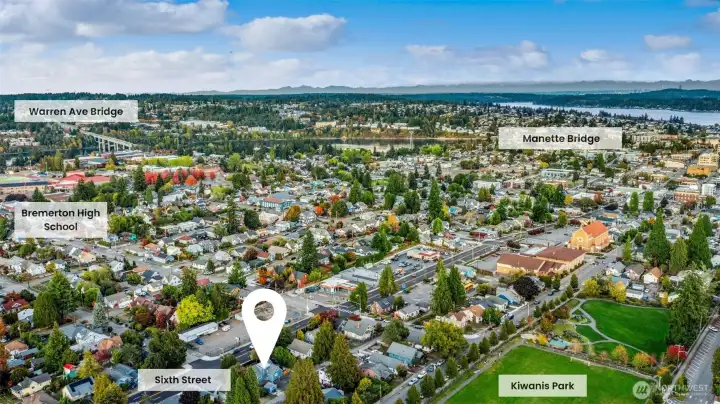 Warren Ave bridge, Bremerton high school, Kiwanis park, Manette Bridge