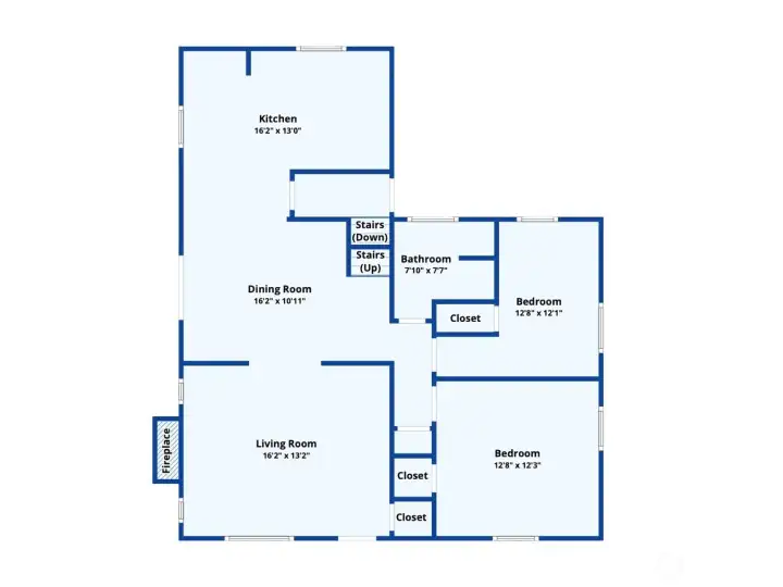 Floor 1 floor plan - Living room, Dining room, Kitchen, Bedroom 1, Bedroom 2, Fireplace, Closets, Bathroom, stairs up to the 2nd floor and down to the basement