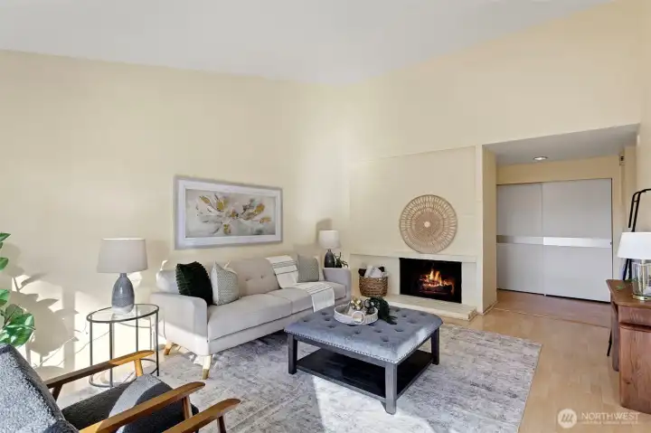 Wood laminate flooring, large double deep closet in entry and wood burning fireplace