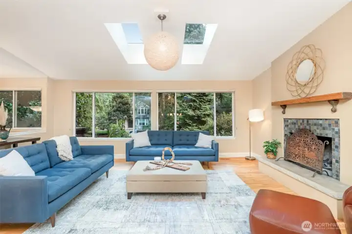 In addition to skylights the large window spanning the entire living room contributes to the bright and spacious feel.