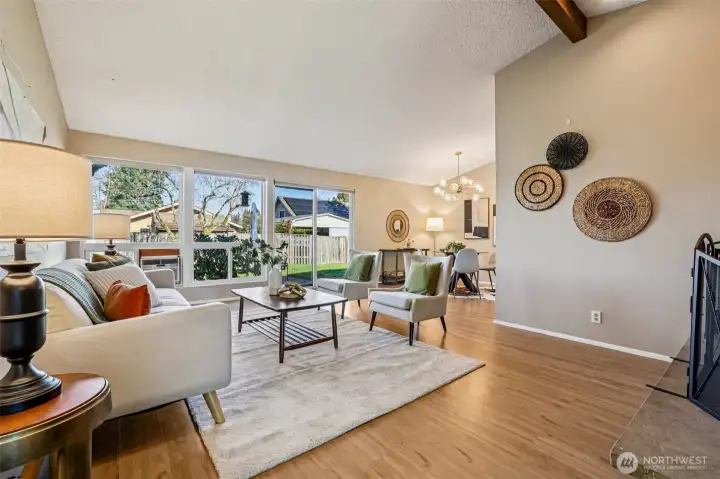 Soaring vaulted ceilings in living room