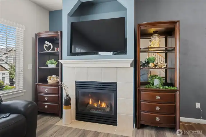 Tile firplace surround with mantle.  Perfectly sized Bookshelves on either side can stay with home.
