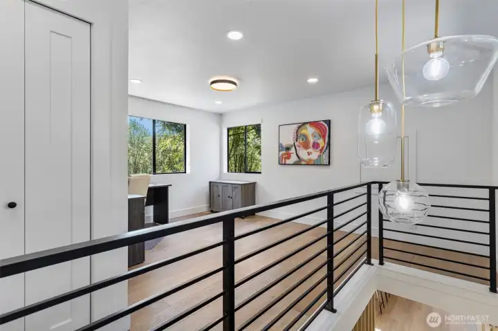Upstairs office, open space at top of stairs