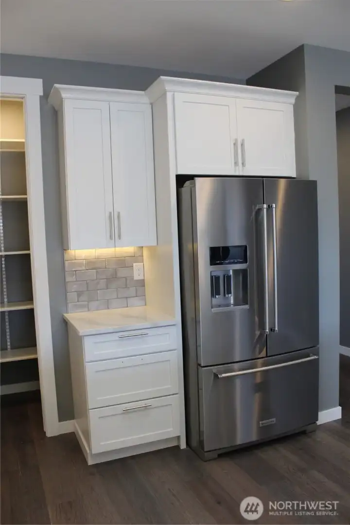 Coffee Bar and Kitchen Aid Platinum French Door Refrigerator with LED Lighting Coffee Bar and Kitchen Aid Platinum French Door Refrigerator with LED Lighting