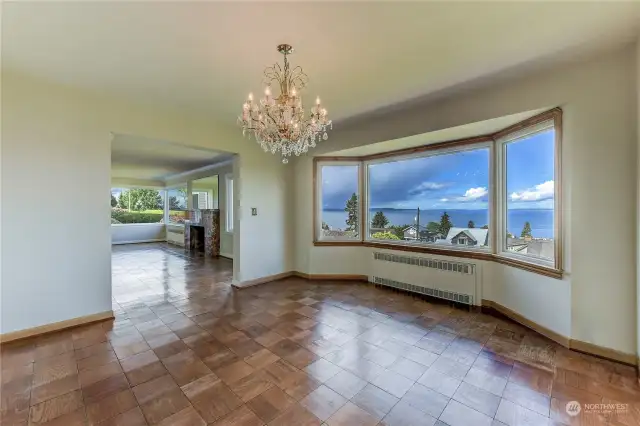 Original parquet flooring.  Enjoy the sweeping view Puget Sound, Islands and Mountains while dining