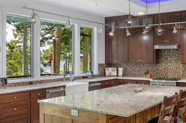 Custom built maple & hickory cabinets and Italian porcelain tile flooring