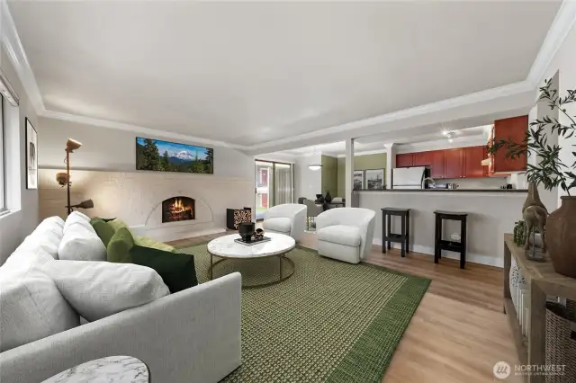 Isn't this nice! New luxury wood laminate floors, freshly painted and look at those lovely cherry cabinets....very homey