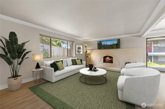 Isn't this a beautiful room! Just think of all the stockings you can hang on that brick woodburning fireplace!  So fun!