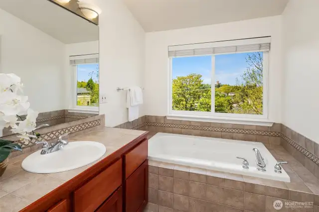 Enjoy a bath with the jetted tub and lovely views.